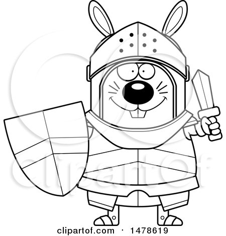 Clipart of a Chubby Outline  Rabbit Knight Holding a Sword and Shield - Royalty Free Vector Illustration by Cory Thoman