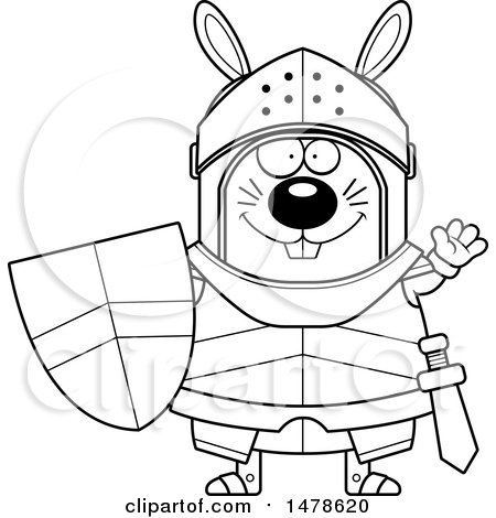 Clipart of a Chubby Outline  Rabbit Knight Waving - Royalty Free Vector Illustration by Cory Thoman