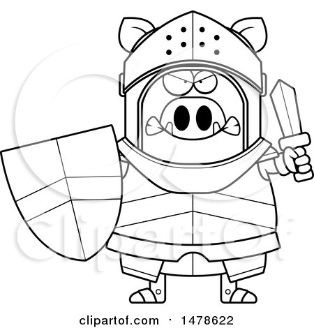 Clipart of a Chubby Lineart Mad Boar Knight - Royalty Free Vector Illustration by Cory Thoman
