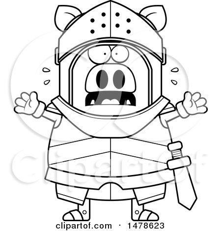 Clipart of a Chubby Lineart Scared Boar Knight - Royalty Free Vector Illustration by Cory Thoman