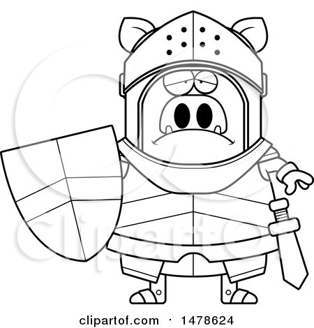 Clipart of a Chubby Lineart Sad Boar Knight - Royalty Free Vector Illustration by Cory Thoman