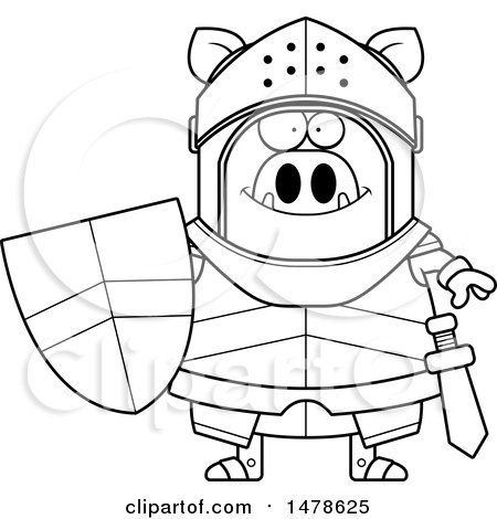 Clipart of a Chubby Lineart Boar Knight - Royalty Free Vector Illustration by Cory Thoman