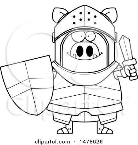 Clipart of a Chubby Lineart Boar Knight Holding a Shield and Sword - Royalty Free Vector Illustration by Cory Thoman