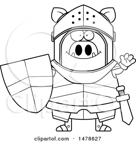 Clipart of a Chubby Lineart Boar Knight Waving - Royalty Free Vector Illustration by Cory Thoman