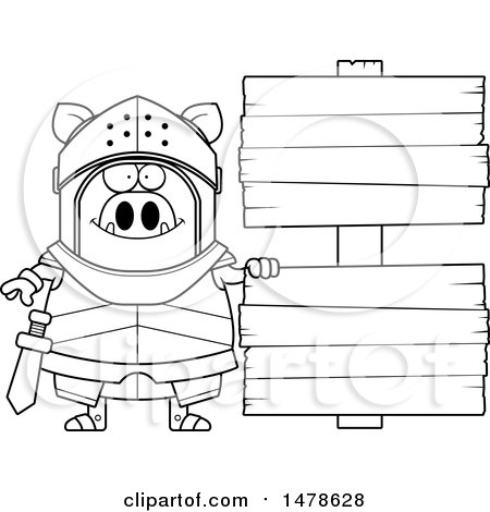 Clipart of a Chubby Lineart Boar Knight by Wood Signs - Royalty Free Vector Illustration by Cory Thoman