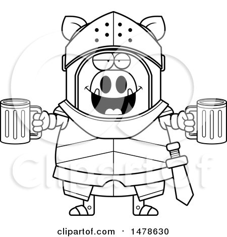 Clipart of a Chubby Lineart Boar Knight Holding Beers - Royalty Free Vector Illustration by Cory Thoman