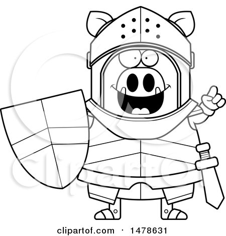 Clipart of a Chubby Lineart Boar Knight with an Idea - Royalty Free Vector Illustration by Cory Thoman