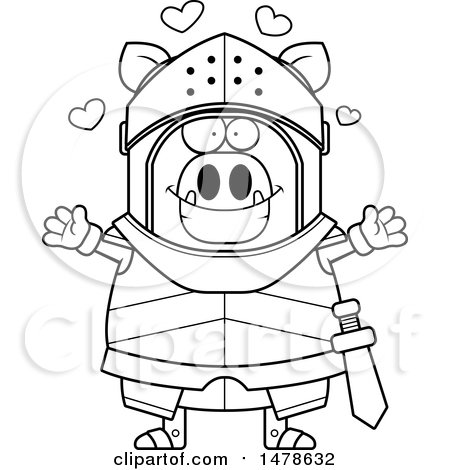Clipart of a Chubby Lineart Boar Knight with Love Hearts and Open Arms - Royalty Free Vector Illustration by Cory Thoman