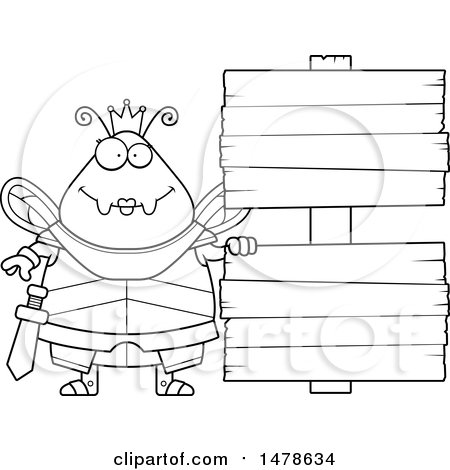 Clipart of a Chubby Lineart Queen Bee in Armor by Wood Signs - Royalty Free Vector Illustration by Cory Thoman