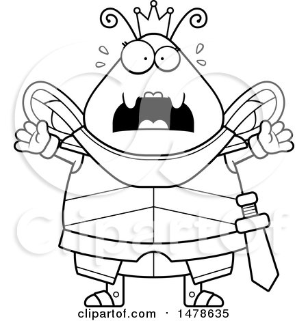 Clipart of a Chubby Lineart Scared Queen Bee in Armor - Royalty Free Vector Illustration by Cory Thoman