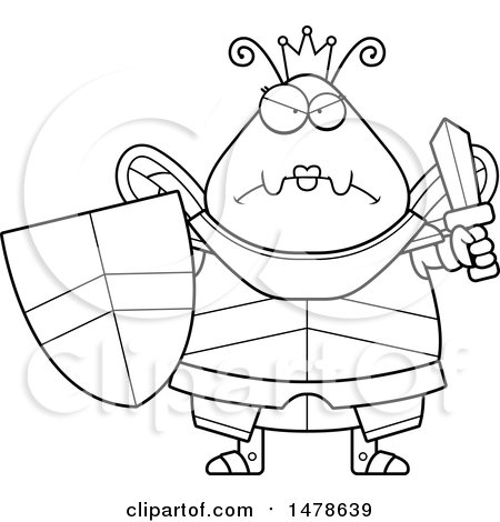 Clipart of a Chubby Lineart Mad Queen Bee in Armor - Royalty Free Vector Illustration by Cory Thoman