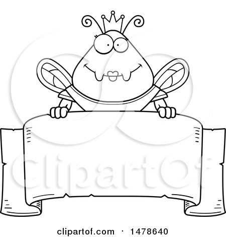 Clipart of a Chubby Lineart Queen Bee in Armor over a Banner - Royalty Free Vector Illustration by Cory Thoman