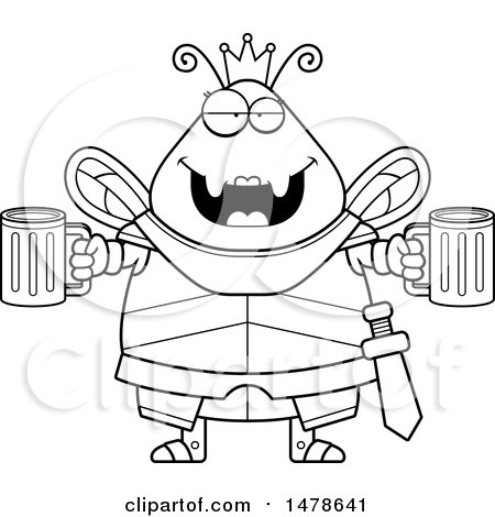Clipart of a Chubby Lineart Queen Bee in Armor Holding Beers - Royalty Free Vector Illustration by Cory Thoman