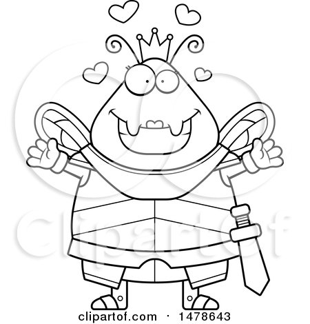 Clipart of a Chubby Lineart Queen Bee in Armor with Love Hearts and Open Arms - Royalty Free Vector Illustration by Cory Thoman