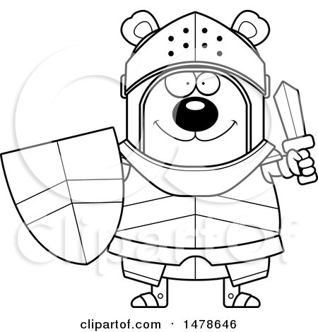 Clipart of a Chubby Outline Bear Knight Holding a Shield and Sword - Royalty Free Vector Illustration by Cory Thoman