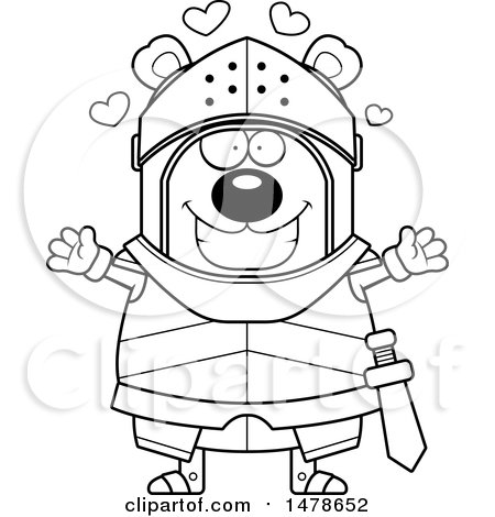 Clipart of a Chubby Outline Bear Knight with Love Hearts and Open Arms - Royalty Free Vector Illustration by Cory Thoman