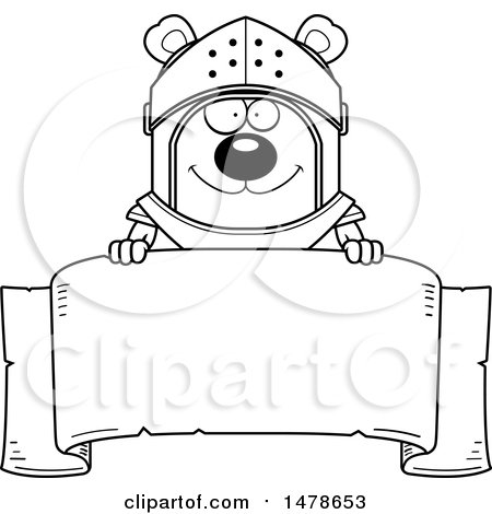 Clipart of a Chubby Outline Bear Knight over a Banner - Royalty Free Vector Illustration by Cory Thoman