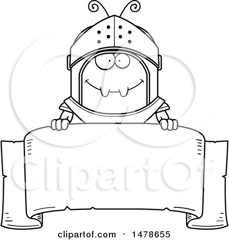 Clipart of a Chubby Lineart Ant Knight over a Banner - Royalty Free Vector Illustration by Cory Thoman