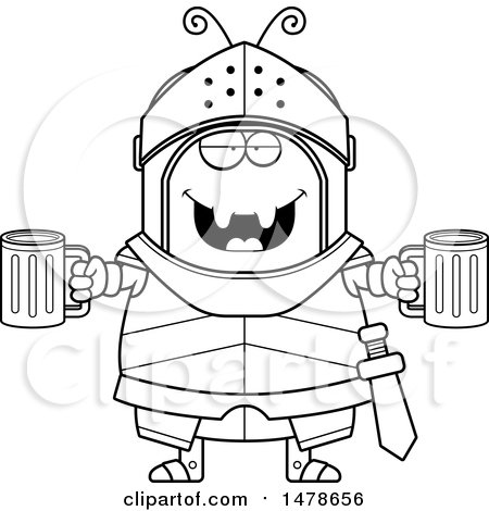 Clipart of a Chubby Lineart Ant Knight Holding Beers - Royalty Free Vector Illustration by Cory Thoman