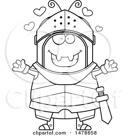 Clipart of a Chubby Lineart Ant Knight with Love Hearts and Open Arms - Royalty Free Vector Illustration by Cory Thoman