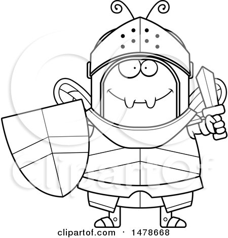 Clipart of a Chubby Lineart Bee Knight Holding a Sword and Shield - Royalty Free Vector Illustration by Cory Thoman