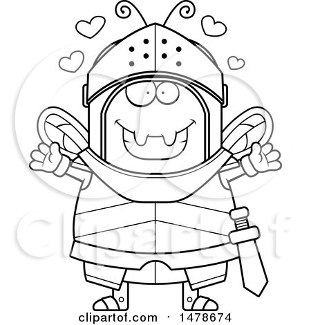 Clipart of a Chubby Lineart Bee Knight with Love Hearts and Open Arms - Royalty Free Vector Illustration by Cory Thoman