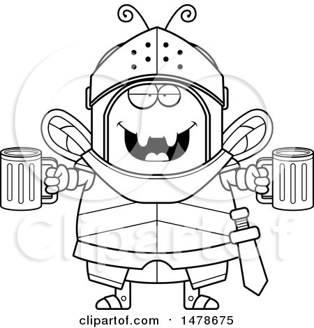 Clipart of a Chubby Lineart Bee Knight Holding Beers - Royalty Free Vector Illustration by Cory Thoman