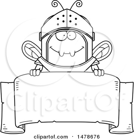 Clipart of a Chubby Lineart Bee Knight over a Banner - Royalty Free Vector Illustration by Cory Thoman