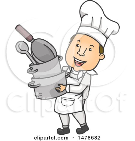 Clipart of a Male Chef Carrying Pots and Pans - Royalty Free Vector Illustration by BNP Design Studio
