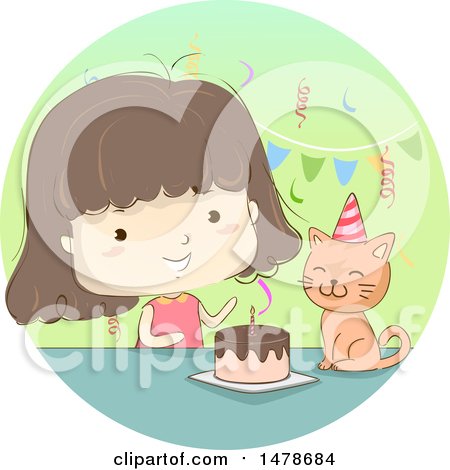 Clipart of a Sketched Girl Celebrating Her Cats Birthday - Royalty Free Vector Illustration by BNP Design Studio
