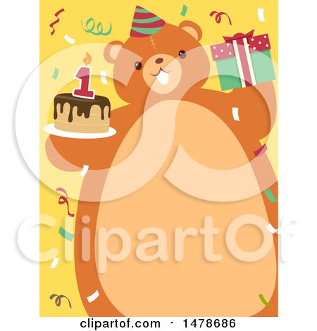 Clipart of a Chubby Bear with a Belly Frame, Holding a Birthday Cake and Gift - Royalty Free Vector Illustration by BNP Design Studio