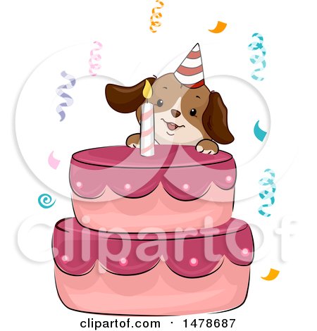 Clipart of a Happy Dog Climbing a Birthday Cake - Royalty Free Vector Illustration by BNP Design Studio