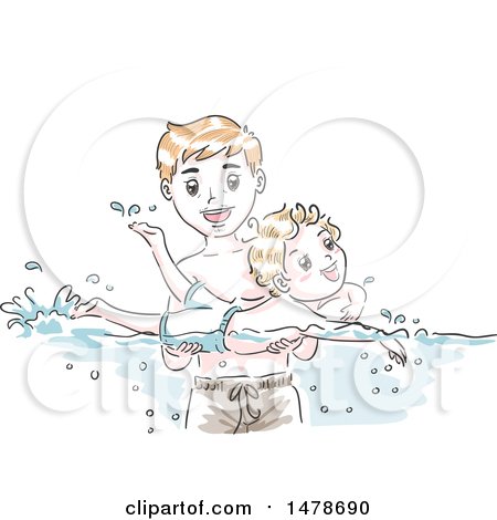 Clipart of a Sketched Dad Teaching His Son How to Swim - Royalty Free Vector Illustration by BNP Design Studio