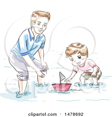 Clipart of a Sketched Dad and Son Playing with a Boat - Royalty Free Vector Illustration by BNP Design Studio