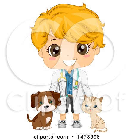 Clipart of a Blond Veterinarian Boy with a Cat and Dog - Royalty Free Vector Illustration by BNP Design Studio
