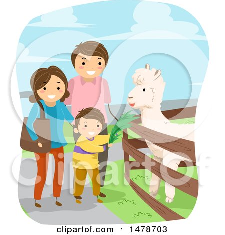 Clipart of a Boy and Parents Feeding an Alpaca - Royalty Free Vector Illustration by BNP Design Studio