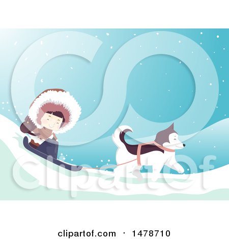 Clipart of a Girl Eskimo and Husky Dog Sledding - Royalty Free Vector Illustration by BNP Design Studio