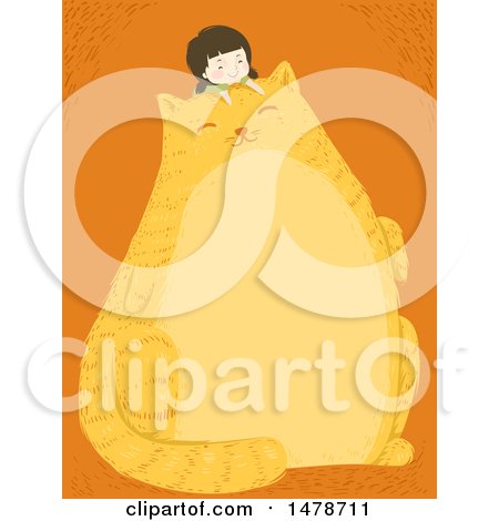 Clipart of a Girl on a Giant Chubby Ginger Cat, with Text Space on the Belly - Royalty Free Vector Illustration by BNP Design Studio