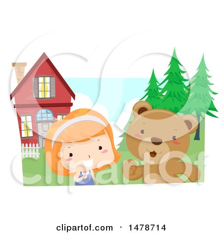 Clipart of a Girl and Bear Talking in a Yard - Royalty Free Vector Illustration by BNP Design Studio