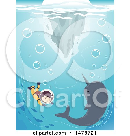 Clipart of a Girl Diving with a Narwhal - Royalty Free Vector Illustration by BNP Design Studio
