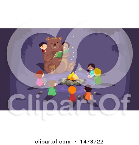 Clipart of a Bear Reading a Story to Children Around a Campfire - Royalty Free Vector Illustration by BNP Design Studio