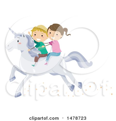 Clipart of a Boy and Girl Riding a White Unicorn - Royalty Free Vector Illustration by BNP Design Studio