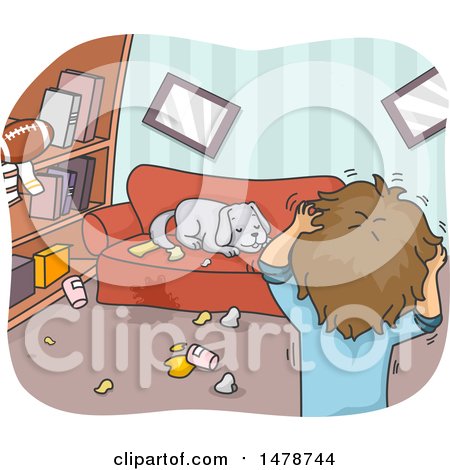Clipart of a Man Discovering His Dog Tearing Apart His Apartment - Royalty Free Vector Illustration by BNP Design Studio
