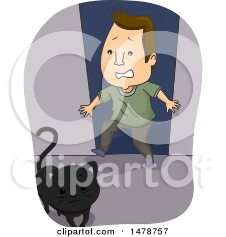Clipart of a Superstitious Man with a Black Cat Crossing His Path - Royalty Free Vector Illustration by BNP Design Studio