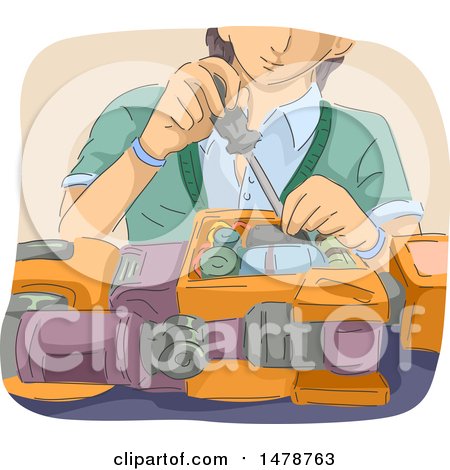 Clipart of a Sketched Man Building a Robot - Royalty Free Vector Illustration by BNP Design Studio