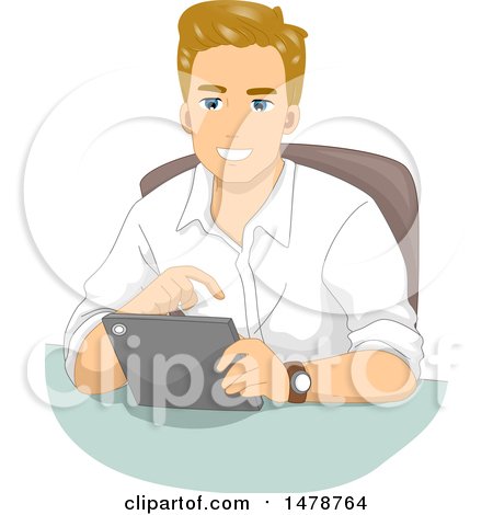 Clipart of a Happy Man Using a Tablet Computer - Royalty Free Vector Illustration by BNP Design Studio