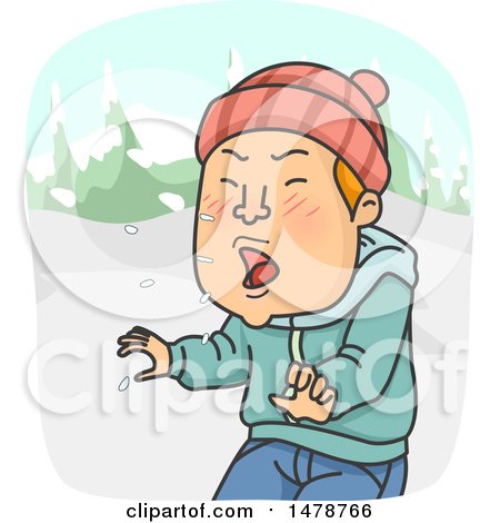 Clipart of a Cartoon Man Sneezing in the Winter - Royalty Free Vector Illustration by BNP Design Studio