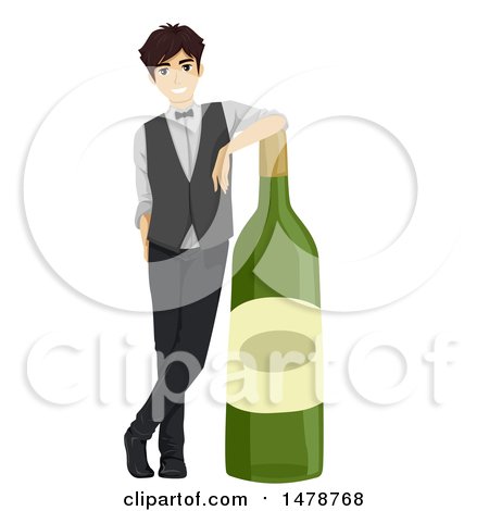 Clipart of a Male Bartender Leaning on a Giant Wine Bottle - Royalty Free Vector Illustration by BNP Design Studio