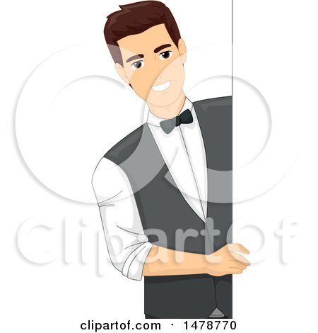 Clipart of a Happy Male Bartender Looking Around a Board - Royalty Free Vector Illustration by BNP Design Studio