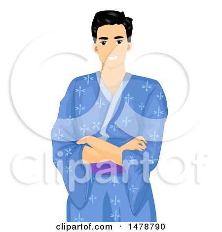 Clipart of a Happy Man in a Blue Kimono - Royalty Free Vector Illustration by BNP Design Studio